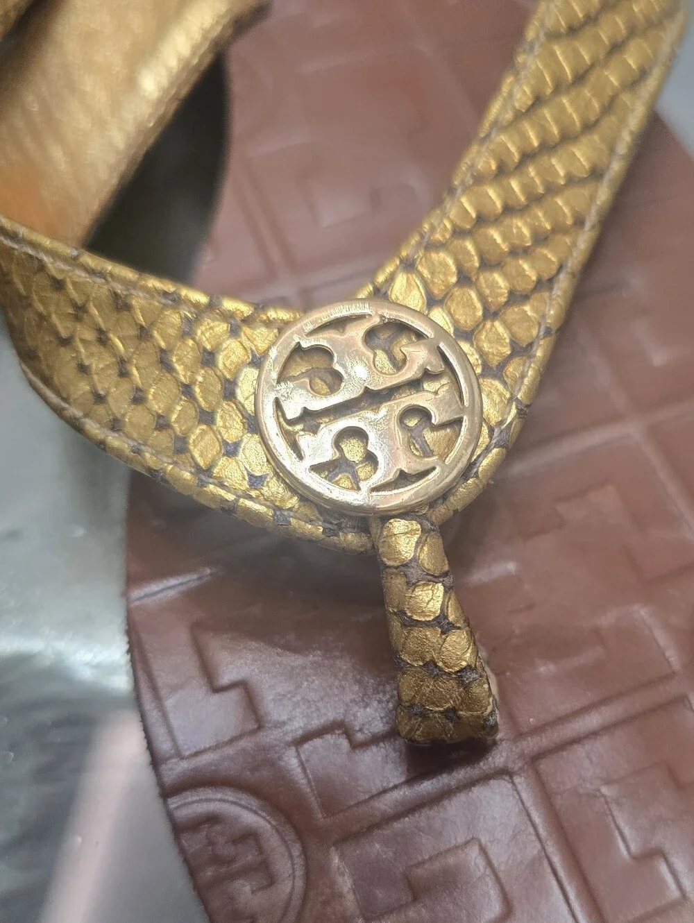 Tory Burch Gold Braided Flip Flop Sandals with Brown Footbed